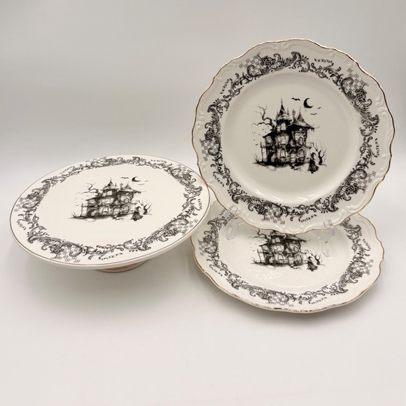 Other - Gothic Haunted House Toile Cake Stand and Dinner Plates Set of 3 Gold Rim
